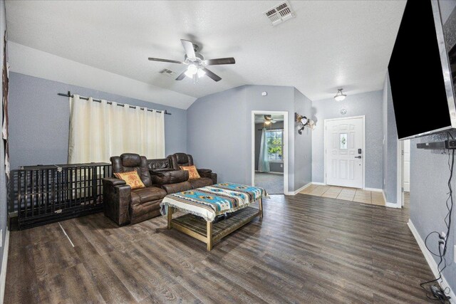 1220 Redstone Dr, Temple, TX 76502 - living area featuring ceiling fan, wood finished floors, and lofted ceiling