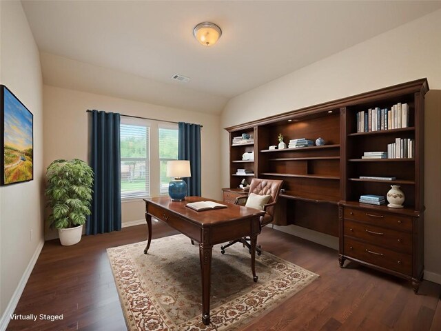 457 Monahans Dr, Georgetown, TX 78628 - office featuring dark wood-style floors and vaulted ceiling