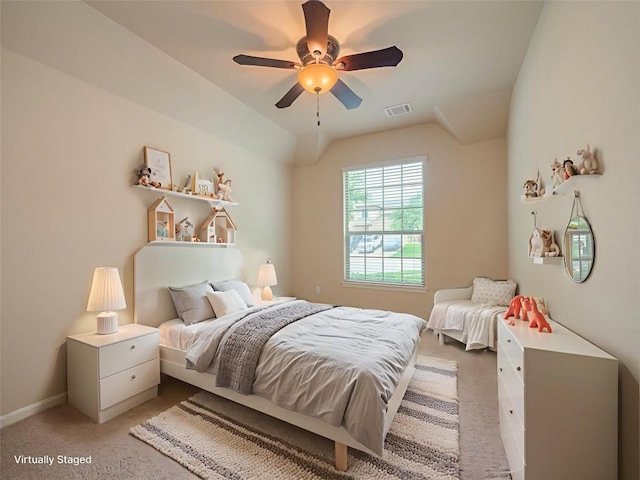 457 Monahans Dr, Georgetown, TX 78628 - bedroom with light carpet, vaulted ceiling, and ceiling fan