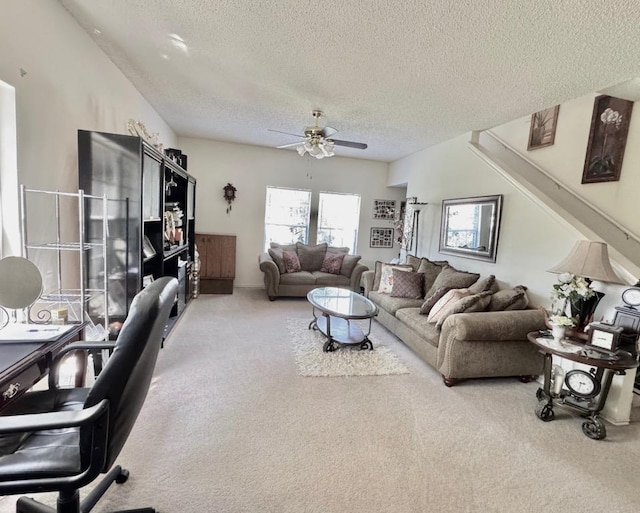 15304 Iola Cv, Austin, TX 78717 - carpeted living area with a textured ceiling and ceiling fan
