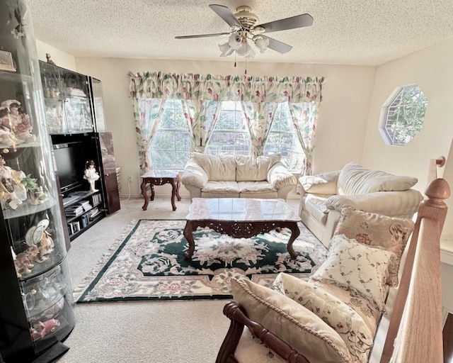 15304 Iola Cv, Austin, TX 78717 - living area with carpet, ceiling fan, and a textured ceiling