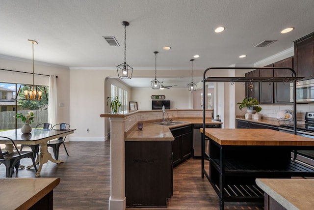 808 Lonesome Lilly Way, Pflugerville, TX 78660 - kitchen with butcher block counters, stainless steel appliances, an island with sink, dark wood-style floors, and ornamental molding