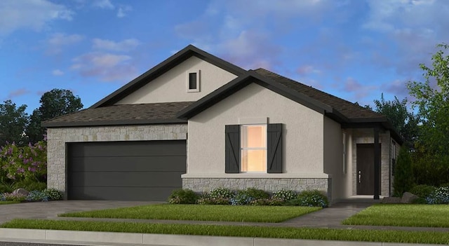 1700 Lorant Ln, Pflugerville, TX 78660 - view of front of house with stone siding, stucco siding, an attached garage, driveway, and a front lawn