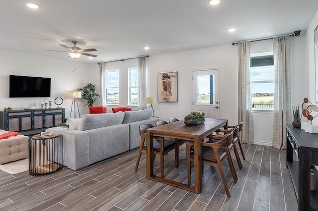 1700 Lorant Ln, Pflugerville, TX 78660 - dining space featuring plenty of natural light, dark wood-style flooring, a ceiling fan, and recessed lighting