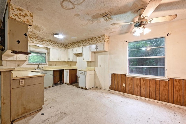 10410 Margra Ln, Austin, TX 78748 - kitchen featuring a wainscoted wall, light flooring, ceiling fan, a textured ceiling, and wood walls