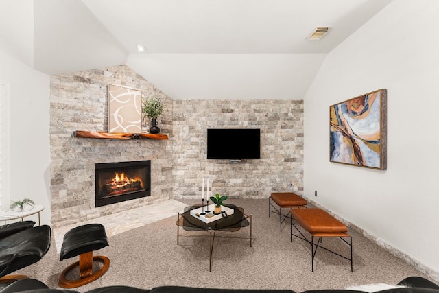 10808 Redmond Rd, Austin, TX 78739 - carpeted living area featuring lofted ceiling and a fireplace