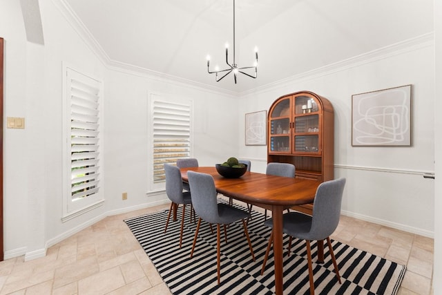 10808 Redmond Rd, Austin, TX 78739 - dining area featuring a chandelier, lofted ceiling, ornamental molding, and light stone finish floors