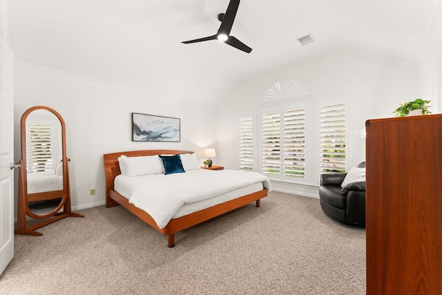 10808 Redmond Rd, Austin, TX 78739 - carpeted bedroom featuring vaulted ceiling, crown molding, and ceiling fan