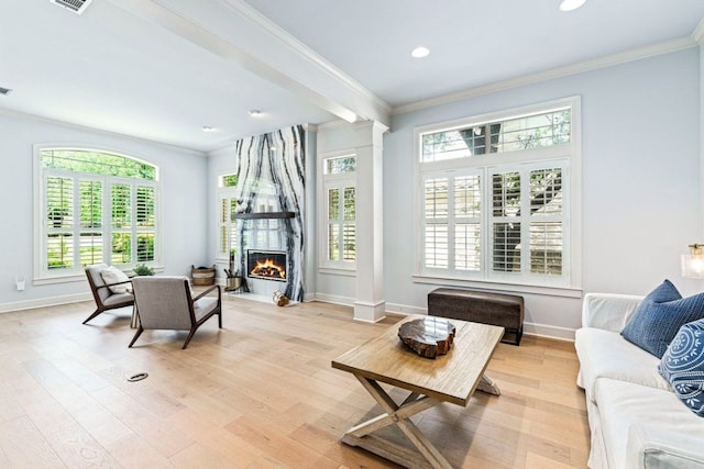 3 Stillmeadow Ct, The Hills, TX 78738 - living room featuring ornamental molding, a large fireplace, recessed lighting, light wood-type flooring, and ornate columns