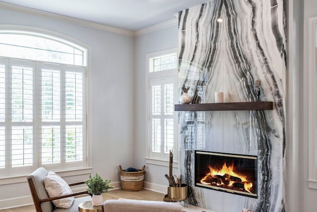 3 Stillmeadow Ct, The Hills, TX 78738 - living area with plenty of natural light, a glass covered fireplace, wood finished floors, and crown molding