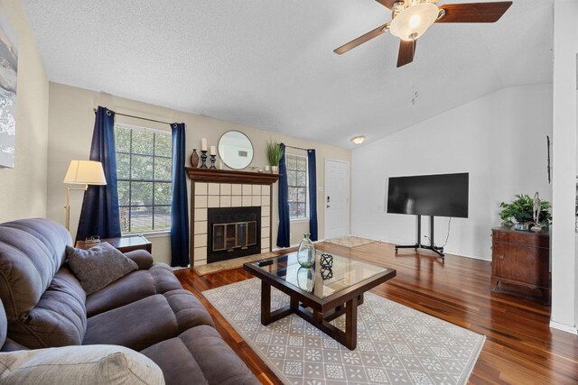 1111 Fairlawn Cv, Round Rock, TX 78664 - living room featuring wood finished floors, ceiling fan, vaulted ceiling, and a fireplace