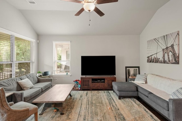 15617 Cinca Terra Dr, Bee Cave, TX 78738 - living room with vaulted ceiling and a ceiling fan