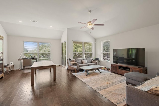 15617 Cinca Terra Dr, Bee Cave, TX 78738 - living area with a ceiling fan, plenty of natural light, lofted ceiling, and dark wood-style floors
