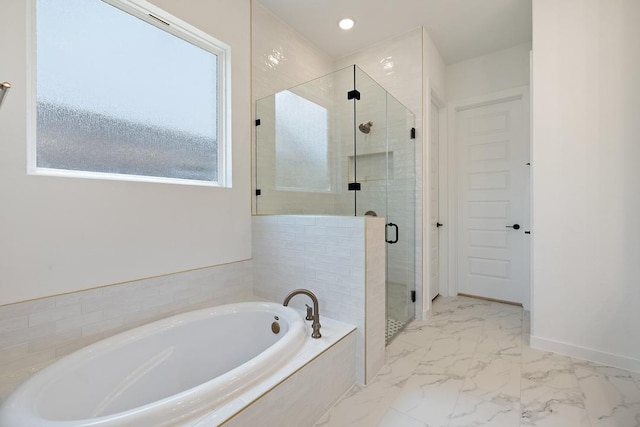 418 Darley Oak Dr, Dripping Springs, TX 78620 - full bath featuring a garden tub, marble look tile flooring, a stall shower, and recessed lighting
