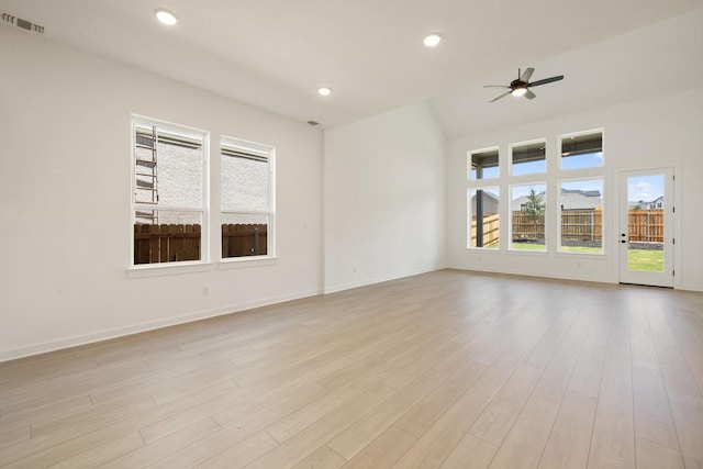 418 Darley Oak Dr, Dripping Springs, TX 78620 - empty room with ceiling fan, light wood finished floors, recessed lighting, and lofted ceiling