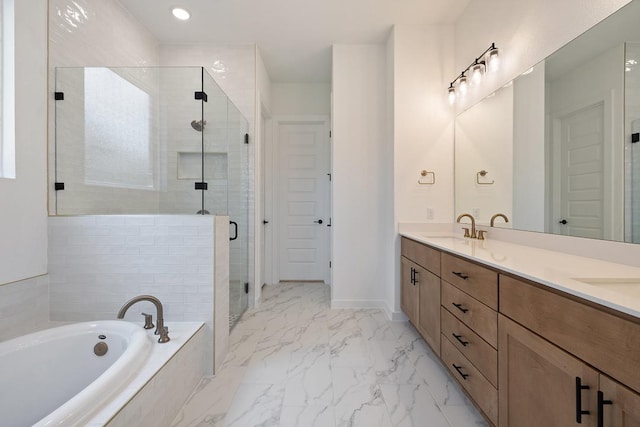 418 Darley Oak Dr, Dripping Springs, TX 78620 - bathroom featuring double vanity, a bath, a stall shower, and marble finish floors