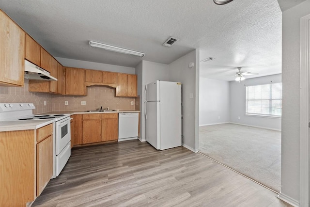 204 Meadowview Ln, Gatesville, TX 76528 - kitchen with white appliances, under cabinet range hood, light countertops, backsplash, and light wood-type flooring