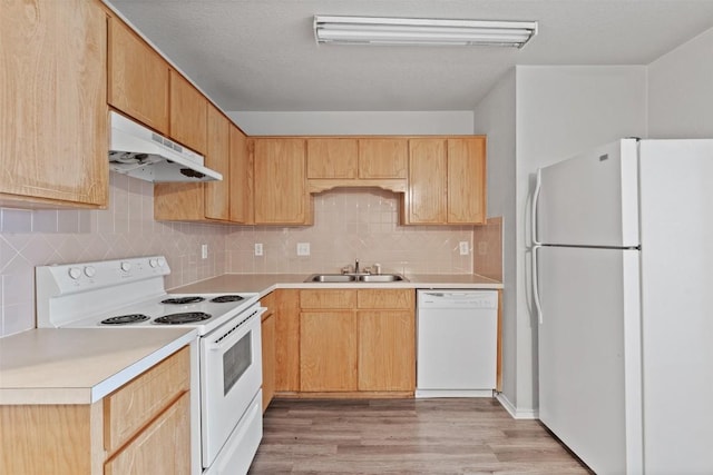 204 Meadowview Ln, Gatesville, TX 76528 - kitchen featuring white appliances, under cabinet range hood, light brown cabinetry, light wood-style flooring, and light countertops