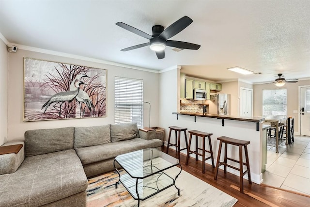 17729 Golden Valley Dr, Manor, TX 78653 - living room featuring ceiling fan, ornamental molding, and light wood-style floors