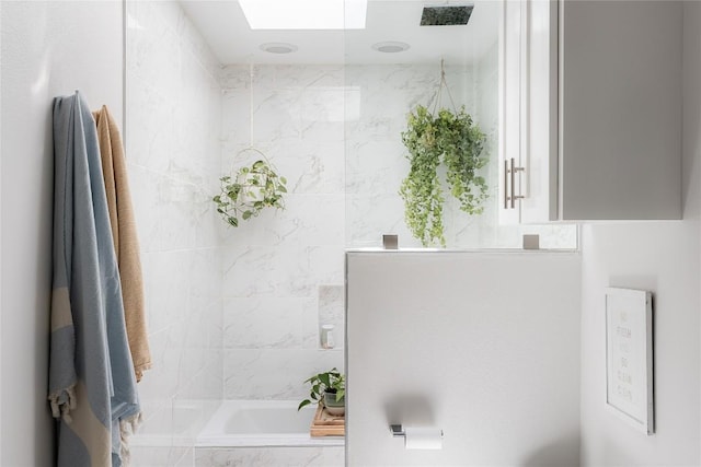 7619 Scenic Brook Dr, Austin, TX 78736 - full bath with a bath, a skylight, and a marble finish shower