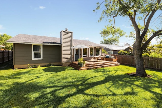 7619 Scenic Brook Dr, Austin, TX 78736 - rear view of house with a fenced backyard, a deck, a chimney, and outdoor lounge area