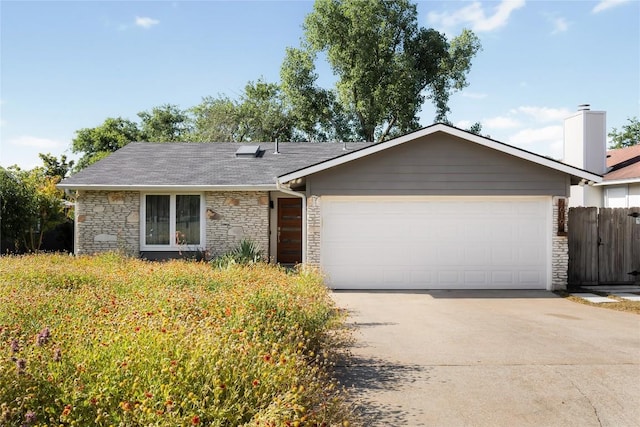 7619 Scenic Brook Dr, Austin, TX 78736 - ranch-style house with stone siding, an attached garage, driveway, and roof with shingles