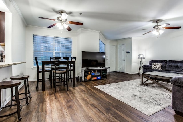 501 W 26th St Unit 105, Austin, TX 78705 - living area featuring ceiling fan, wood finished floors, and ornamental molding
