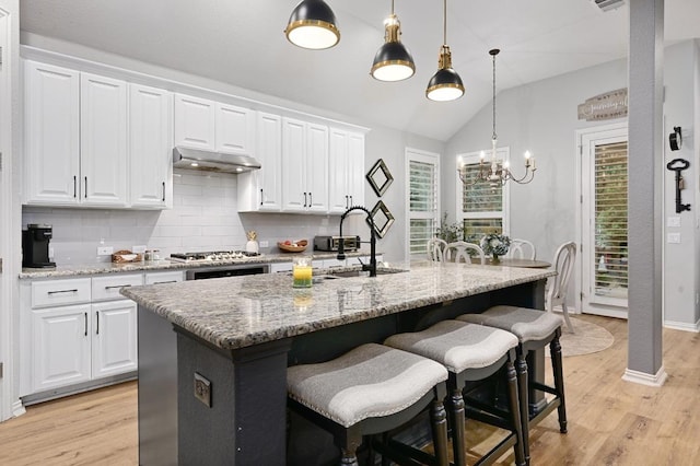 169 Fort Cobb Way, Georgetown, TX 78628 - kitchen with backsplash, lofted ceiling, light wood finished floors, light stone countertops, and white cabinets