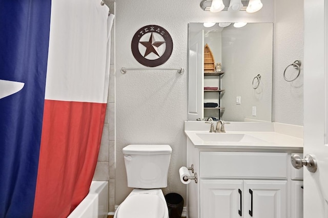 169 Fort Cobb Way, Georgetown, TX 78628 - bathroom with vanity, a textured wall, and shower / bathtub combination with curtain