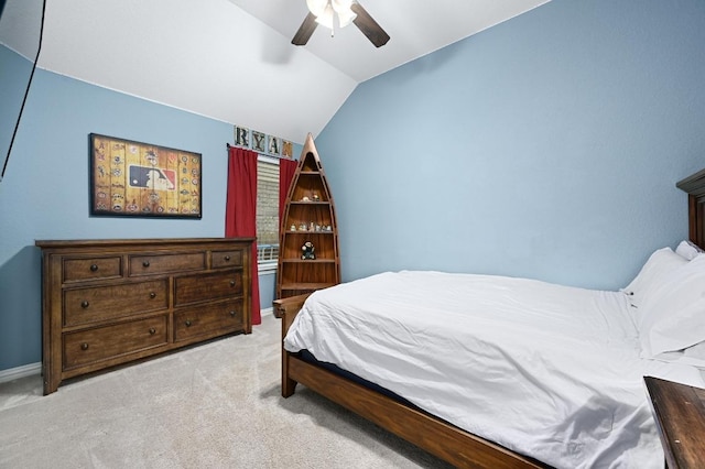 169 Fort Cobb Way, Georgetown, TX 78628 - bedroom featuring vaulted ceiling, light colored carpet, and ceiling fan