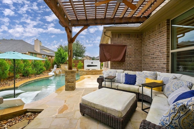 169 Fort Cobb Way, Georgetown, TX 78628 - fenced backyard featuring outdoor lounge area, a pergola, a patio, and a pool with connected hot tub