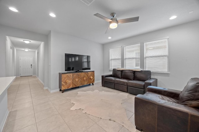 2424 Pecan Island Dr, Leander, TX 78641 - living room featuring ceiling fan, light tile patterned floors, and recessed lighting
