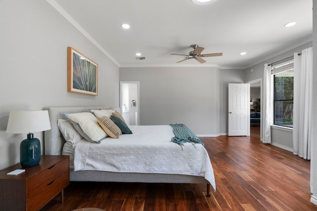 5812 Abilene Trl, Austin, TX 78749 - bedroom featuring crown molding, dark wood-style floors, recessed lighting, and a ceiling fan