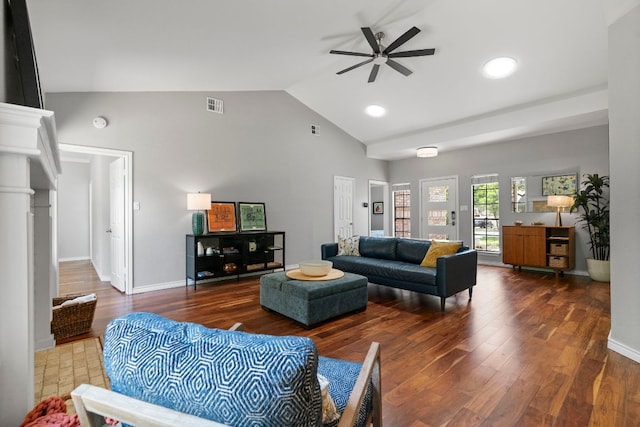 5812 Abilene Trl, Austin, TX 78749 - living room featuring a ceiling fan, wood finished floors, high vaulted ceiling, and recessed lighting