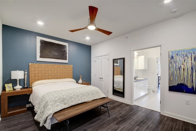 4361 S Congress Ave Unit 126, Austin, TX 78745 - bedroom featuring wood finished floors, recessed lighting, connected bathroom, a closet, and a ceiling fan