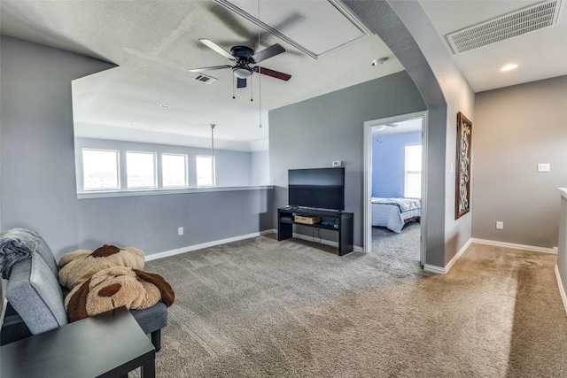 544 Blossom Valley Strm, Buda, TX 78610 - carpeted living area featuring ceiling fan and arched walkways