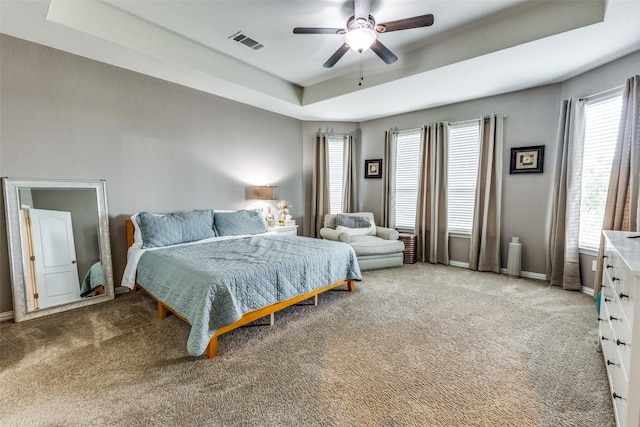 544 Blossom Valley Strm, Buda, TX 78610 - bedroom with light carpet, a tray ceiling, and a ceiling fan