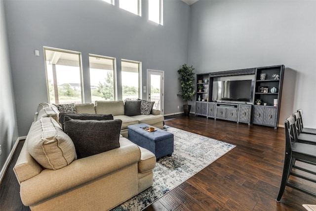 544 Blossom Valley Strm, Buda, TX 78610 - living area with a high ceiling and dark wood finished floors