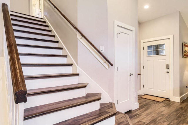 7702 Kincheon Ct, Austin, TX 78749 - foyer entrance with stairs, dark wood-type flooring, and recessed lighting