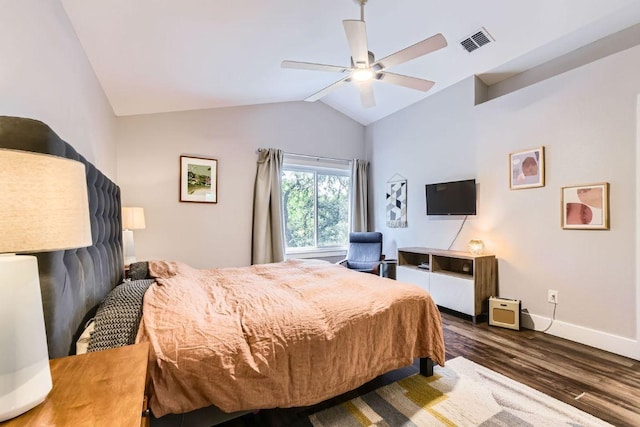 7702 Kincheon Ct, Austin, TX 78749 - bedroom with wood finished floors, lofted ceiling, and ceiling fan
