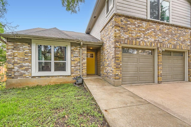 7702 Kincheon Ct, Austin, TX 78749 - property entrance featuring concrete driveway, an attached garage, brick siding, and a shingled roof