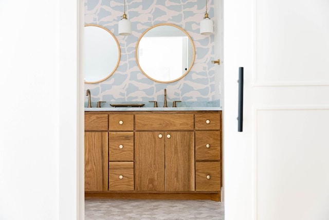 10501 Ronwood Dr, Austin, TX 78750 - bathroom featuring wallpapered walls, vanity, and tile patterned floors