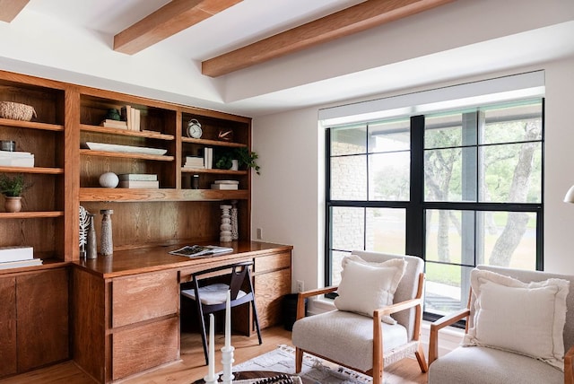 10501 Ronwood Dr, Austin, TX 78750 - office area featuring beamed ceiling, light wood-type flooring, and built in study area