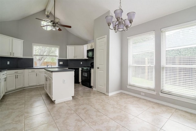 2306 Susan Ln, Leander, TX 78641 - kitchen with black appliances, backsplash, a chandelier, light tile patterned floors, and beam ceiling
