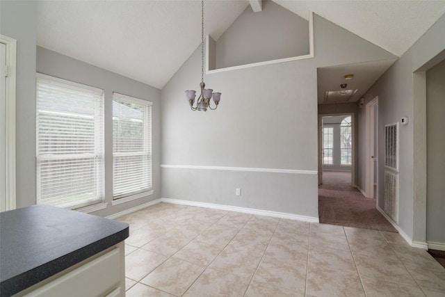 2306 Susan Ln, Leander, TX 78641 - unfurnished dining area with light tile patterned floors, high vaulted ceiling, attic access, a chandelier, and beamed ceiling