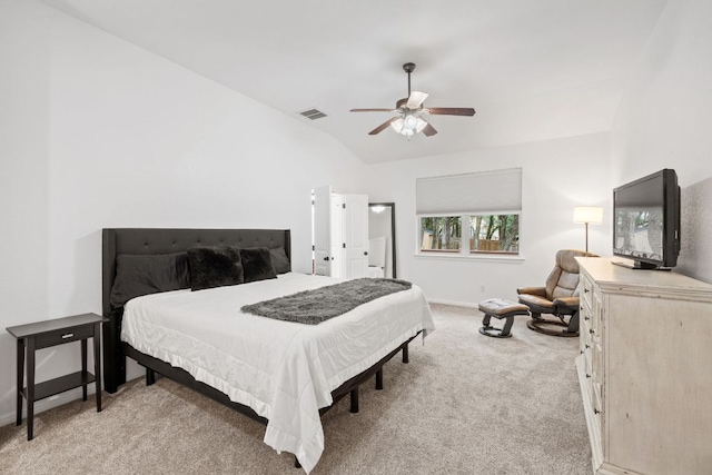 240 Fort Mabry Loop, Georgetown, TX 78628 - bedroom with light carpet, vaulted ceiling, and ceiling fan