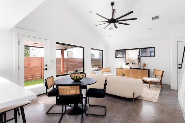 409 W 55th 1/2 St Unit 2, Austin, TX 78751 - dining space featuring ceiling fan, concrete flooring, and high vaulted ceiling