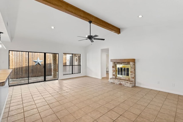 1108 Hi Stirrup Unit 12, Horseshoe Bay, TX 78657 - unfurnished living room featuring a ceiling fan, a glass covered fireplace, light tile patterned flooring, and recessed lighting