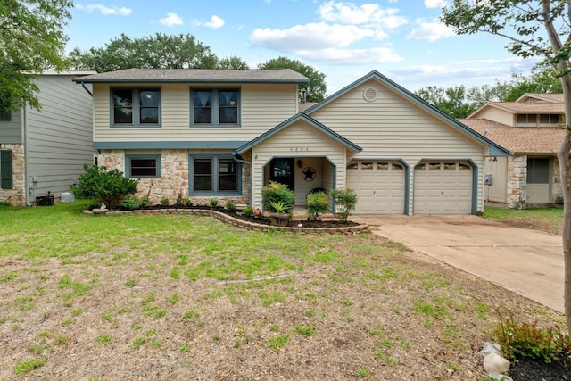 4304 Adelphi Ln, Austin, TX 78727 - view of front facade with a garage, stone siding, driveway, and a front lawn