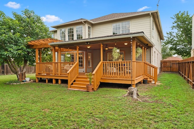 4410 Cisco Valley Dr, Round Rock, TX 78664 - back of property with a fenced backyard, a wooden deck, and ceiling fan